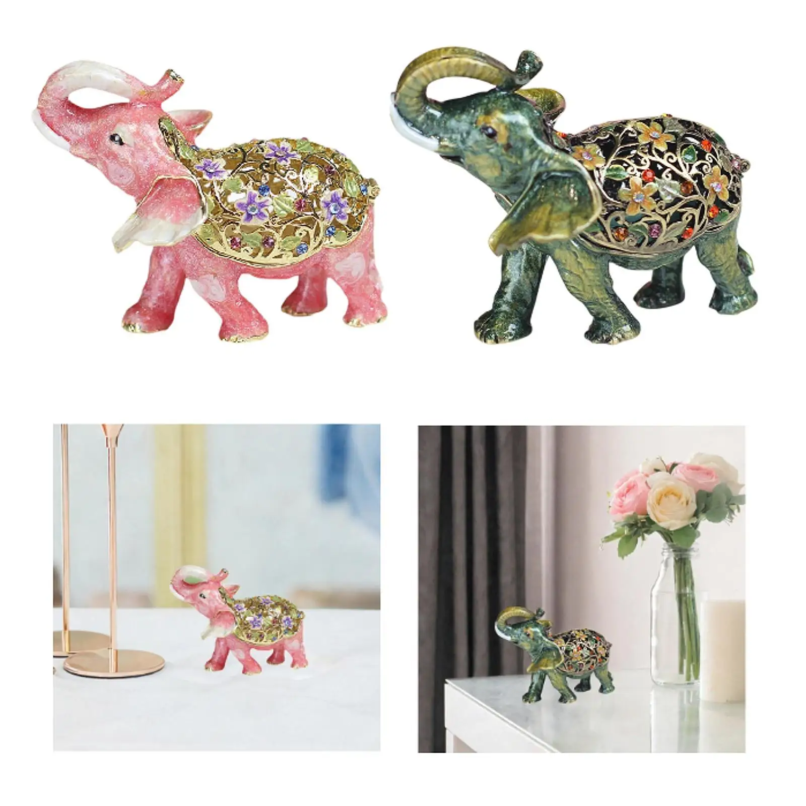 Elephant Jewelry Box Ornament for Women Alloy Collectible Desktop Home Decoration Gift Decorative Trinket Box Jewelry Organizer