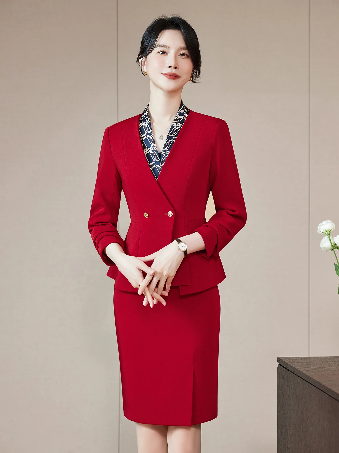 

Elegant No Collar Suit Set Dress Women's Red Wedding Mother of the Bride Short Outfit Party Banquet Gown Petite Size