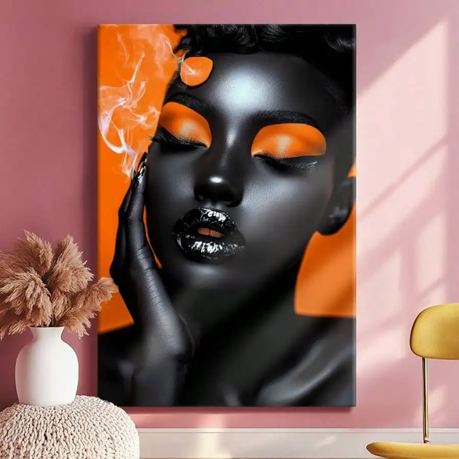 

Вертикальное настенное искусство в рамке — винтажный постер на холсте (оранжевый/нейтральный/черный, женщина с черным цветом