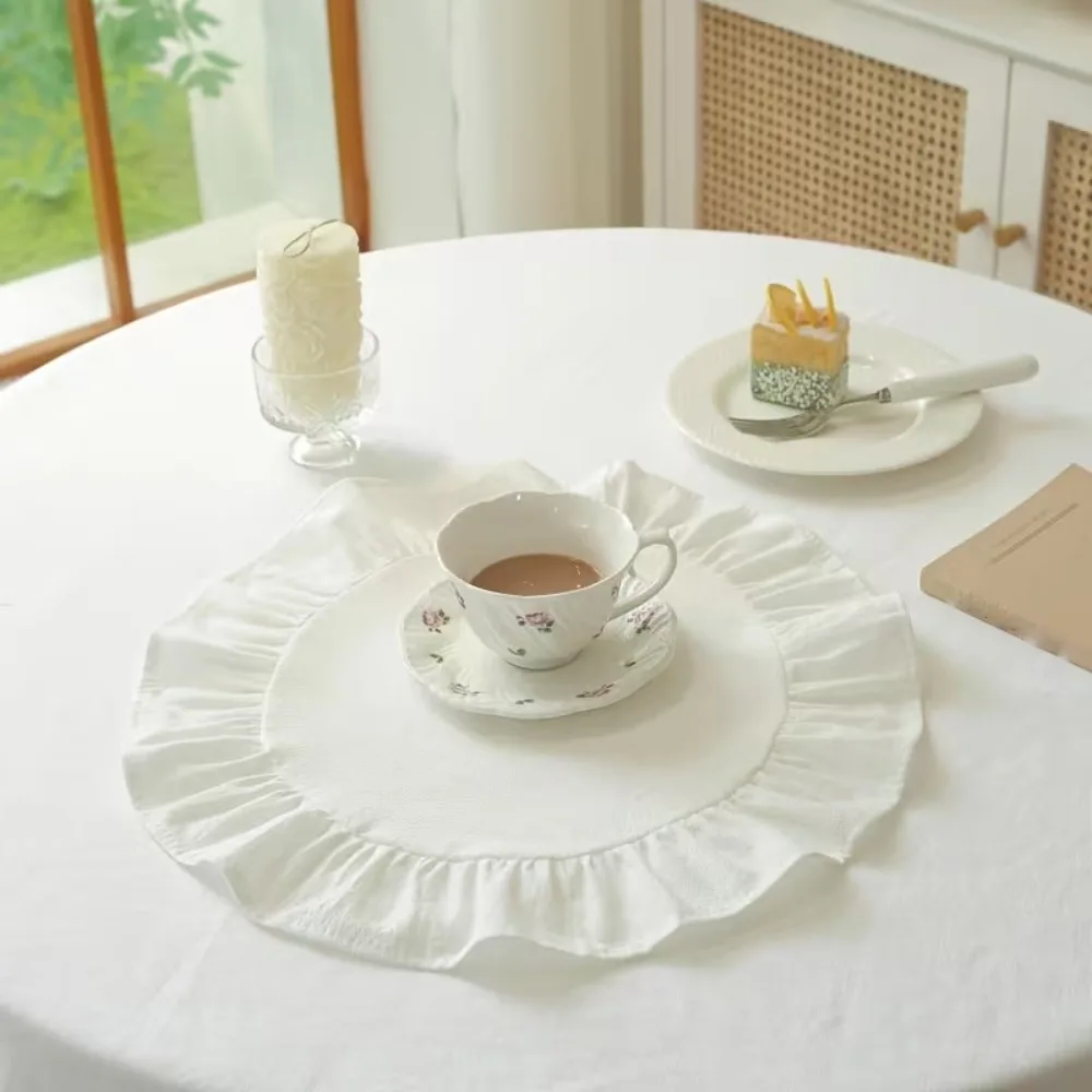Practical Solid Color Ruffled Placemat Simple Cotton Table Napkin Cloth Decorative Round Napkin Dining Table