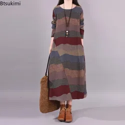Women's Fashion Vintage Spliced Striped Midi Dress Loose Casual Long Sleeve Cotton Linen Dresses Ladies Temperament Long Skirts