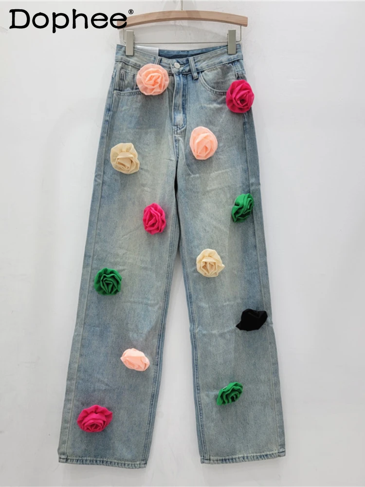 Colorful Flower Decoration High Waist Straight Jeans for Women 2024 Spring and Summer New Light Blue Loose Wide-Leg Pants Female