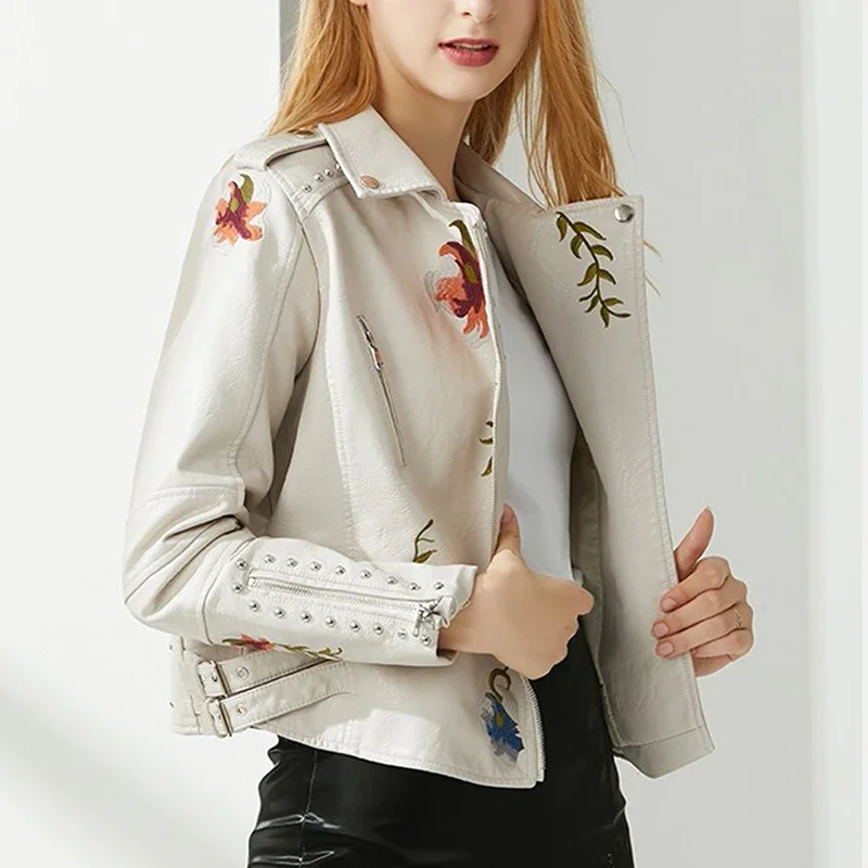 花柄刺繍フェイクソフトPUレザージャケット レディース 春秋冬 バイク用PUコート ブラック ホワイト パンク バイカー リベットポケット