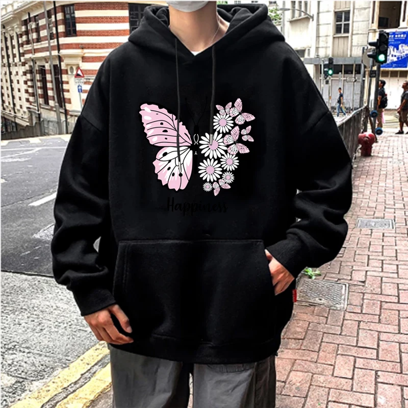 Men\'s and Women\'s Unisex Butterfly Print Pullover Casual Hooded Pocket Sweatshirt Sweatshirt Black XS-4XL