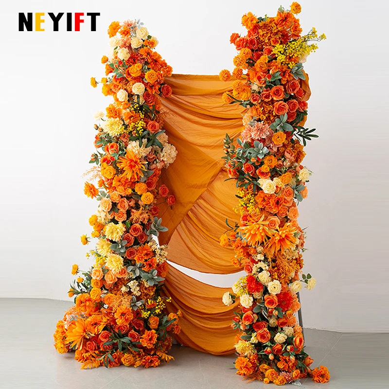 وردة برتقالية وصفراء زهرة الفاوانيا ديكور عداء الصف ، خلفية الزفاف ، أرضية القوس ، ترتيب الأزهار ، حدث حفلة عيد ميلاد ، دعامة