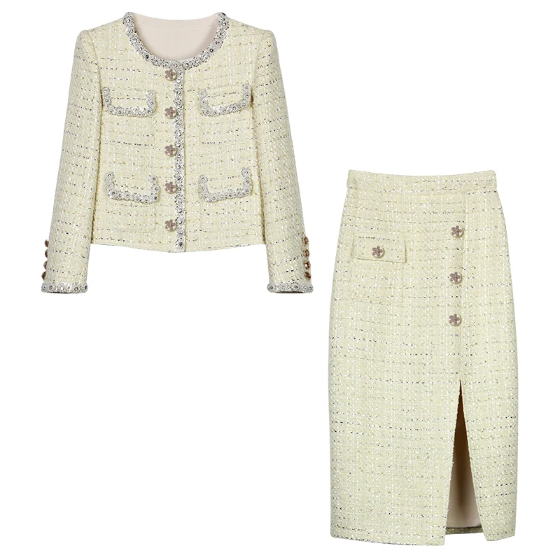 New Style, Fashionable, Light Luxury High-End Retro Heavy Industry Diamond-Inlaid Beads Small Fragrance Jacket + Slim Skirt Suit