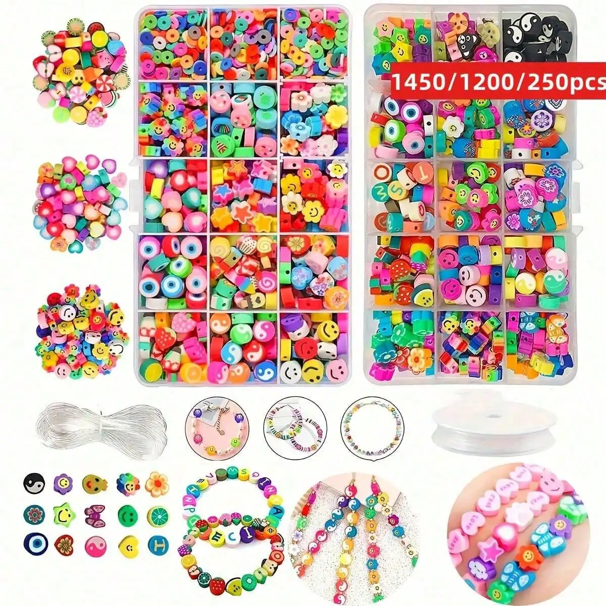 1450/1200/250pcs Polymer Clay Beads Set, Box, Bundle of Elastic Thread, DIY Jewelry Making, Earrings, Bracelets, Necklaces