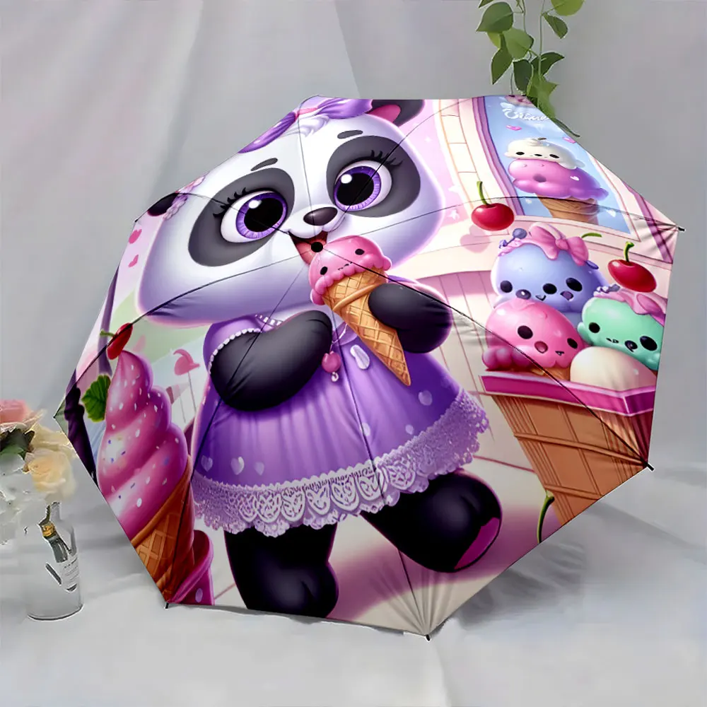 1PC Adorable Panda Eating Ice Cream Umbrella Design Print 8 Iron Ribs Folding Umbrella Auto-Open Fashion Sunshade