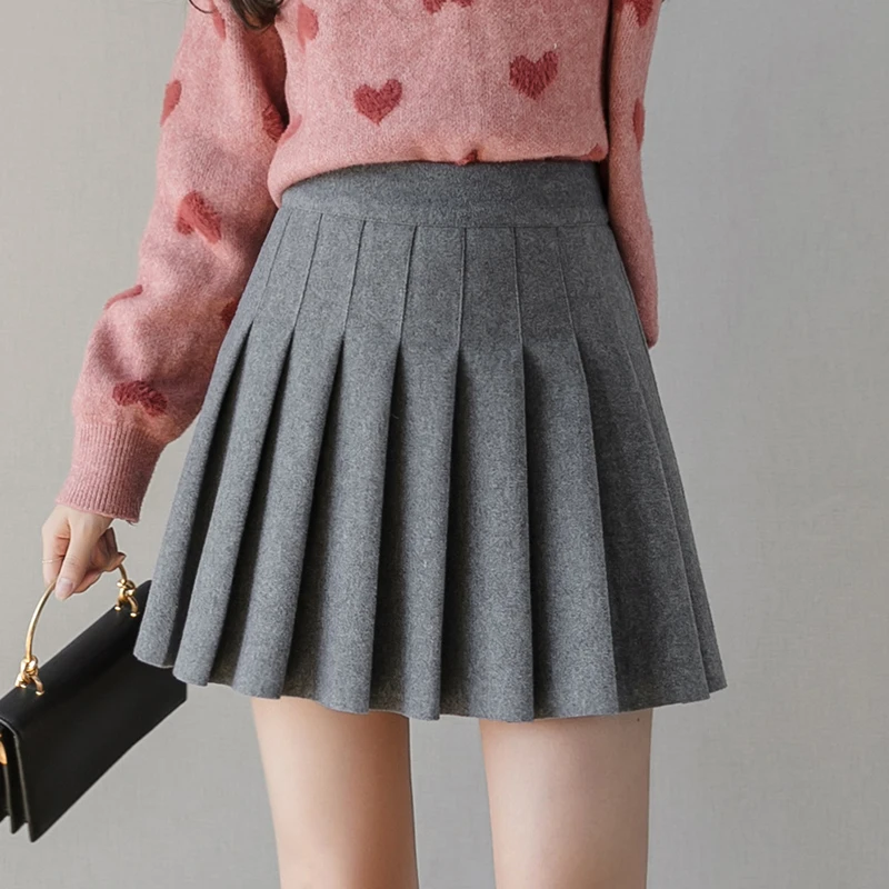 Winter Woolen Mini Pleated Skirt Woman Vintage Elastic High Waist Grey Black Skirts With Shorts A-line Preppy Kawaii Skirt Women