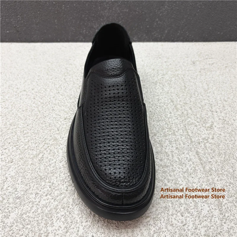 Hollow Out Perforated Leather Slip On Loafers Men's Breathable Soft Sole Business Casual Shoes Autumn Trendy Men's Shoes