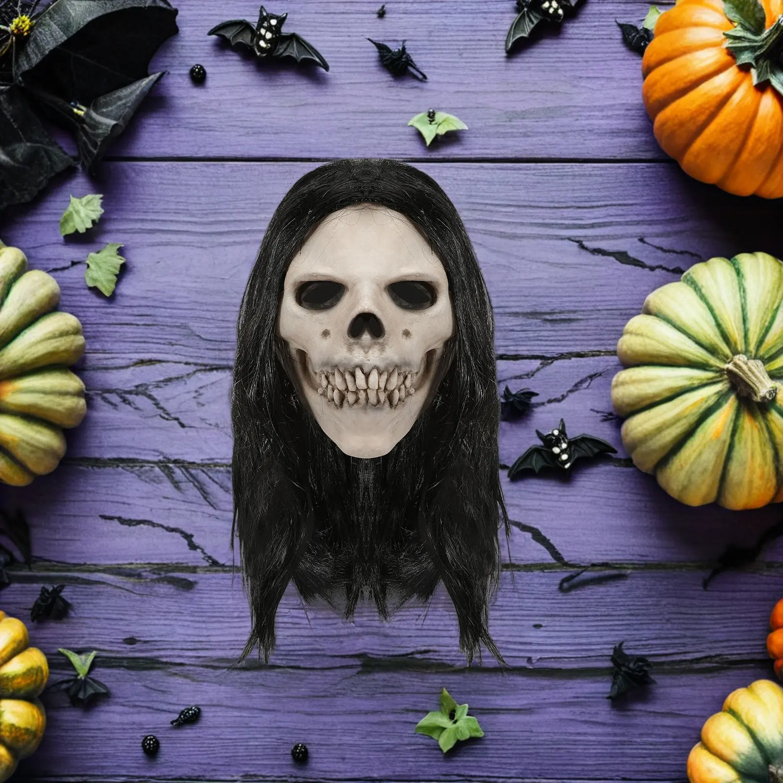 Realistic Halloween Skull Mask Hair Latex Full Head Headgear Scary Cosplay Party Haunted House Skull Mask