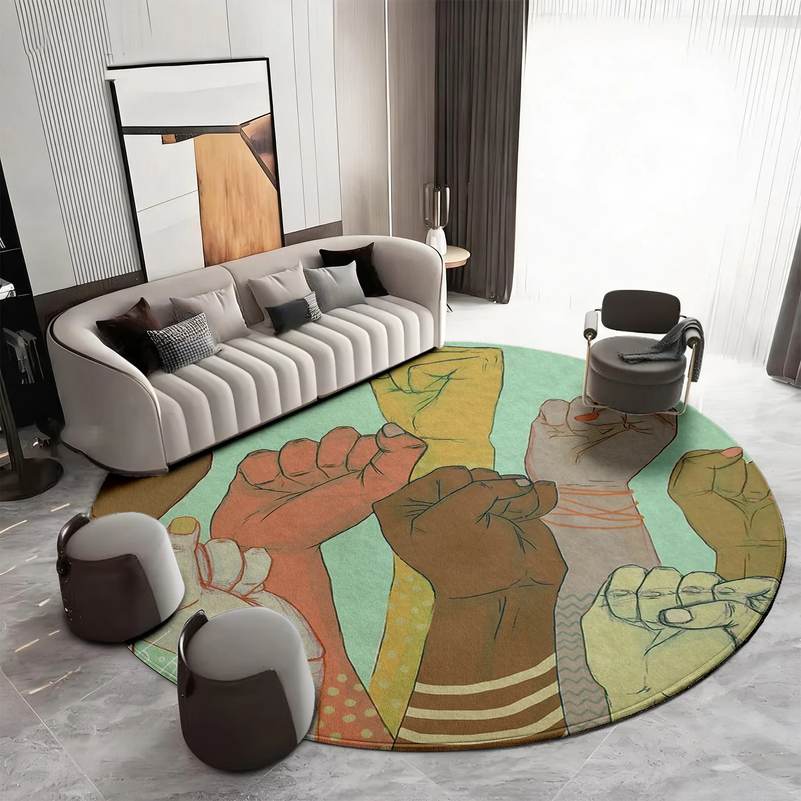 Abstract Hands Pop Art Design Round Area Rug Bohemian Style Modern Living Room Boho Accent Floor Mat Decor Decoration Carpet
