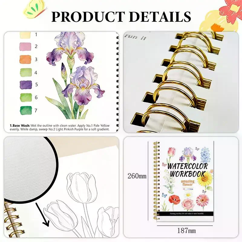 Spiral Bound Watercolor Flower Workbook Thick Paper Easy Guides For Beginners Daily Art Practice