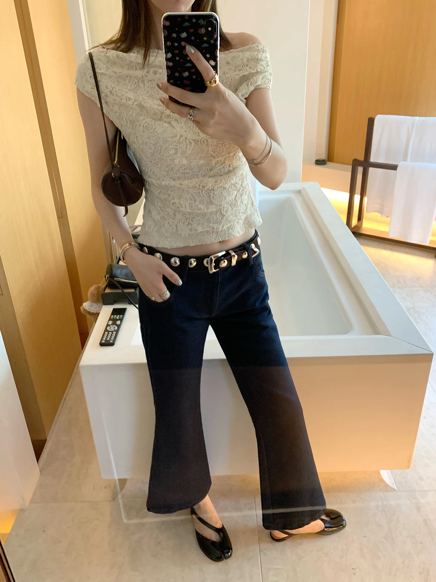

Retro Flared Jeans Low Waist Nine Points Versatile Slimming Original Denim Faionable Daily Wear Ladies Stand Fit Jeans