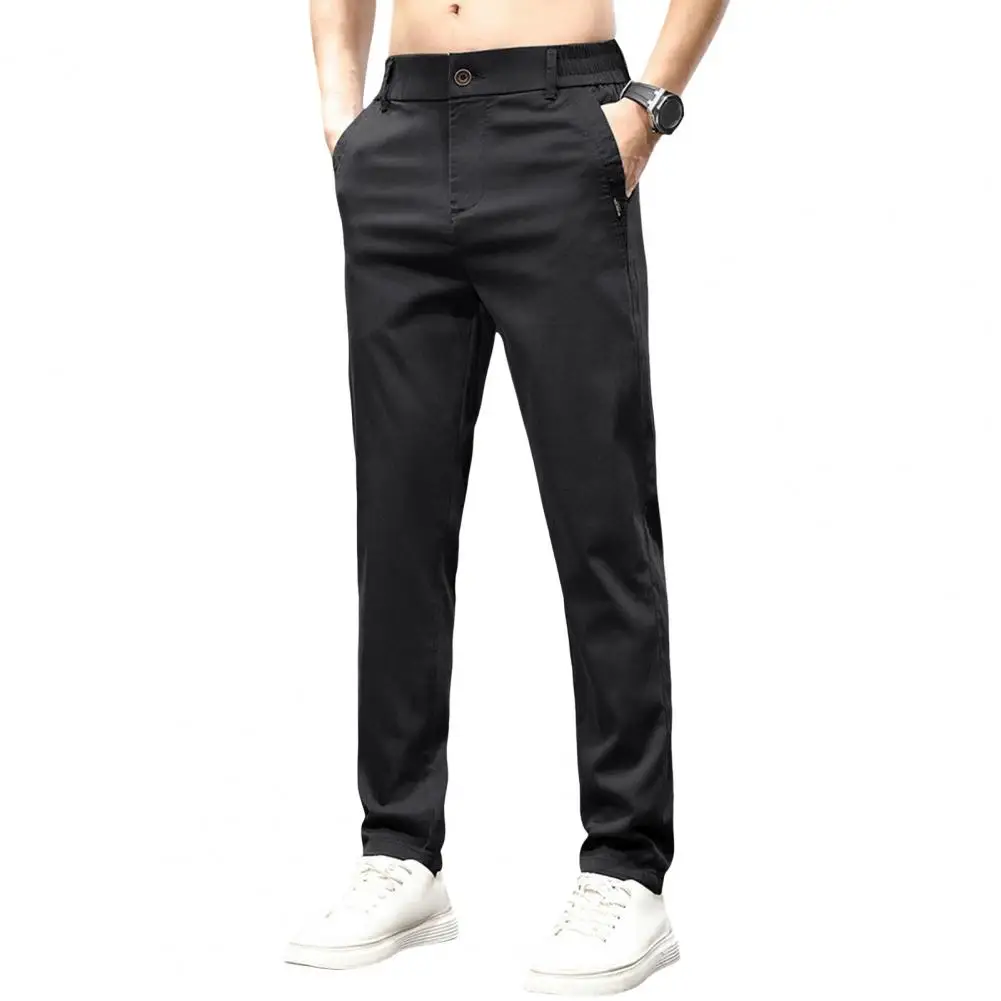 Men Pants Cooling Fabric Elastic Waist Slim Fit Stretch Solid Color Side Button Zipper Closure Pockets Smooth Long Trousers