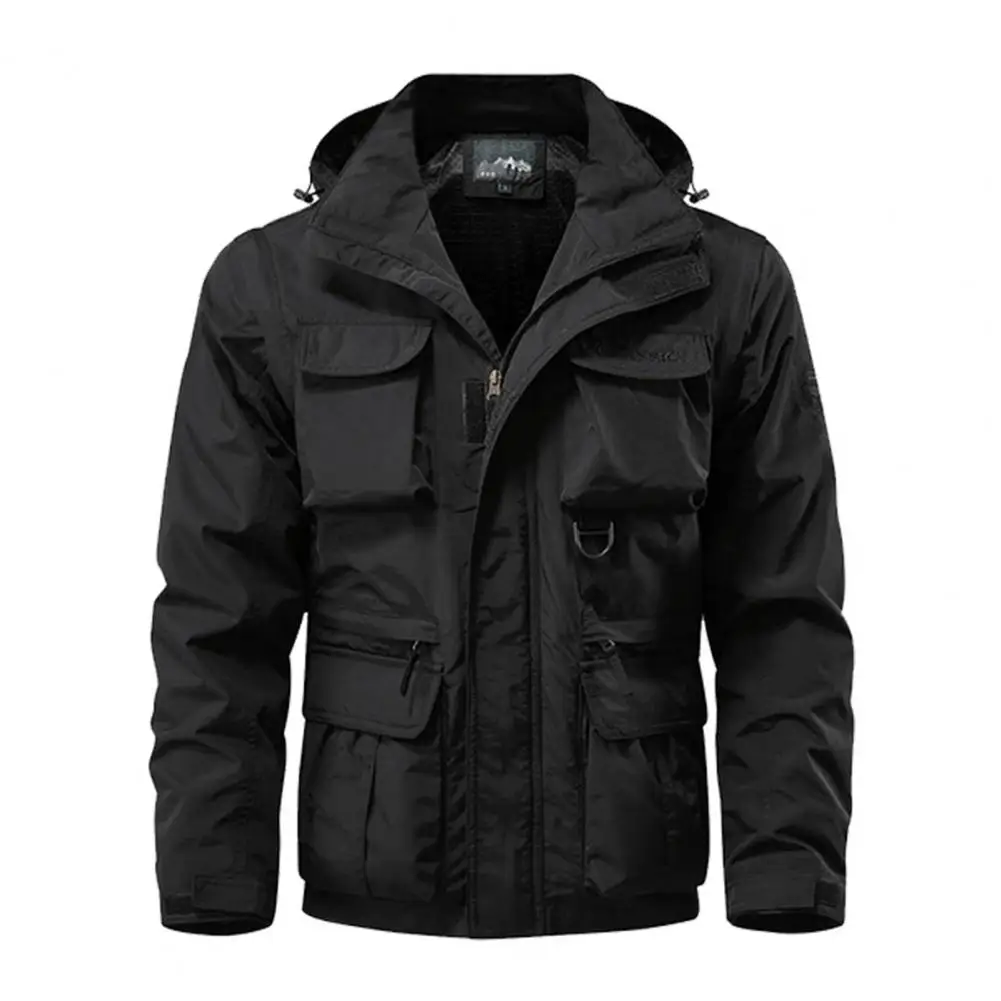 

Men Hooded Jacket with Multi Pockets Zipper Placket Outdoor Coat for Long Sleeve Lapel Removal