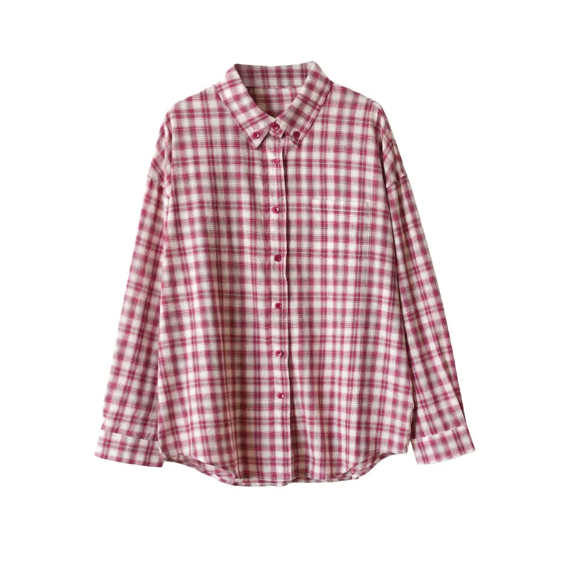 

Women Autumn Loose Plaid Shirts Turn Down Collar Loose Long Sleeve Korean Casual Tops