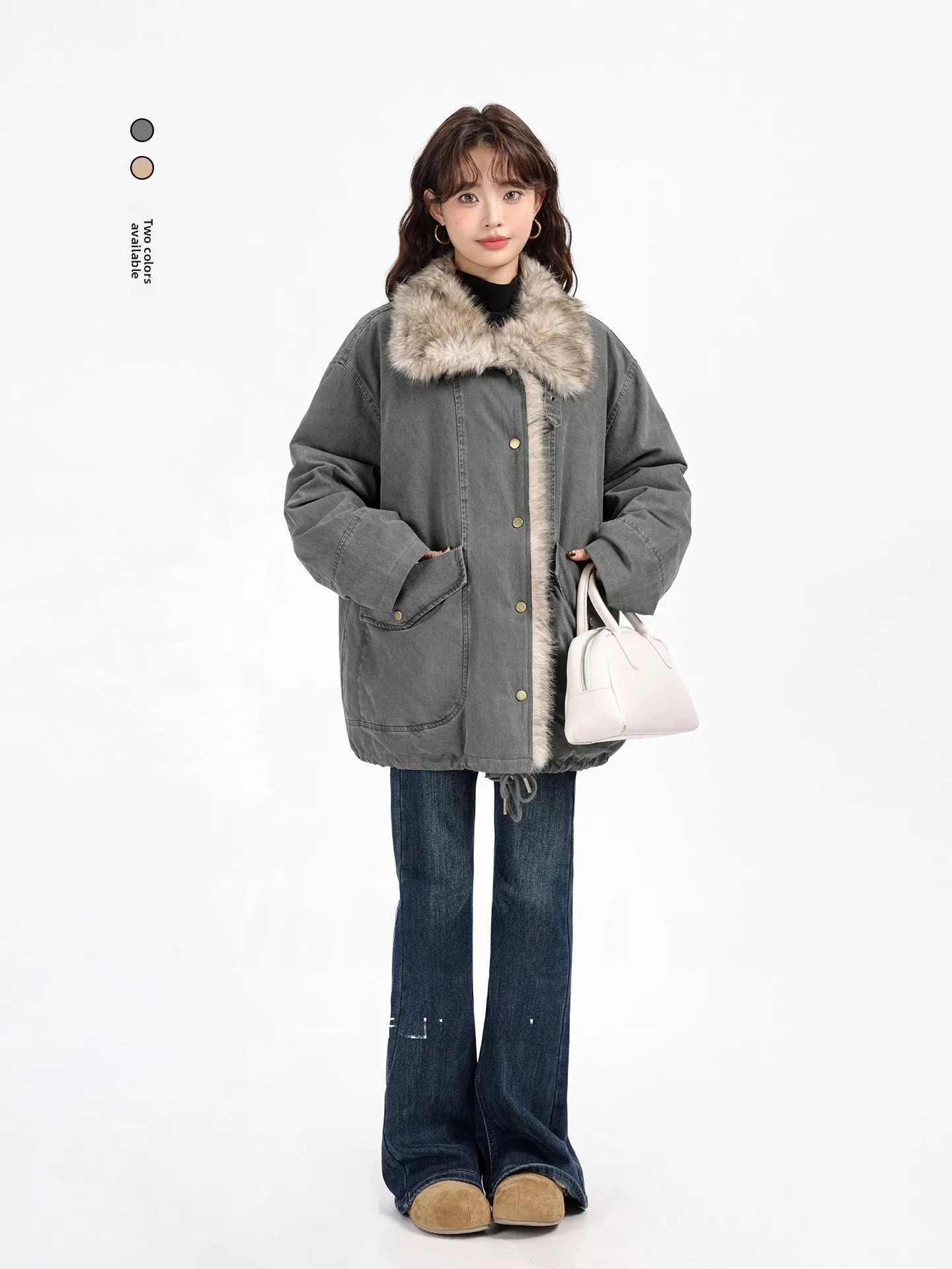 

Куртка средней длины из искусственной кожи в стиле ретро с меховым воротником, женское теплое зимнее корейское пальто с узором горного орла...