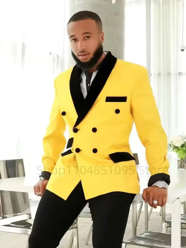 أحدث تصميم الأصفر الرجال البدلة مزدوجة الصدر السترة السراويل العريس سهرة أفضل رجل بدل زفاف الأعمال 2 قطعة الرجال الدعاوى مجموعة