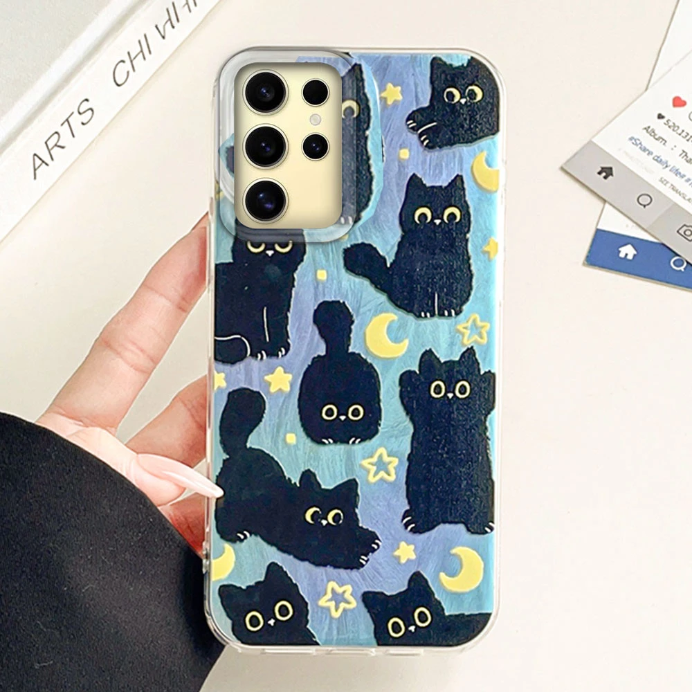Cute Moon Black Cat Phone Case for Samsung Galaxy S25 S24 S23 S22 S21 FE Plus Ultra S25+ S24+ Back Silicone Shell Soft TPU Cover