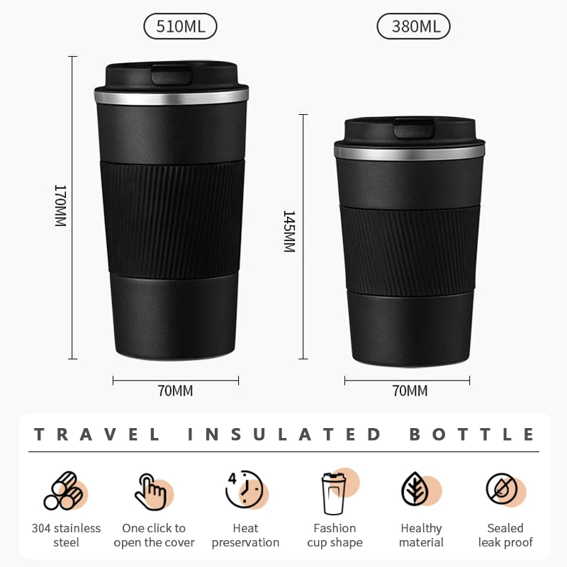 380ml/510ml Coffee Thermos Mug Leak-Proof Non-Slip Car Vacuum Flask Travel Thermal Cup Double-wall Stainless Steel Water Bottle