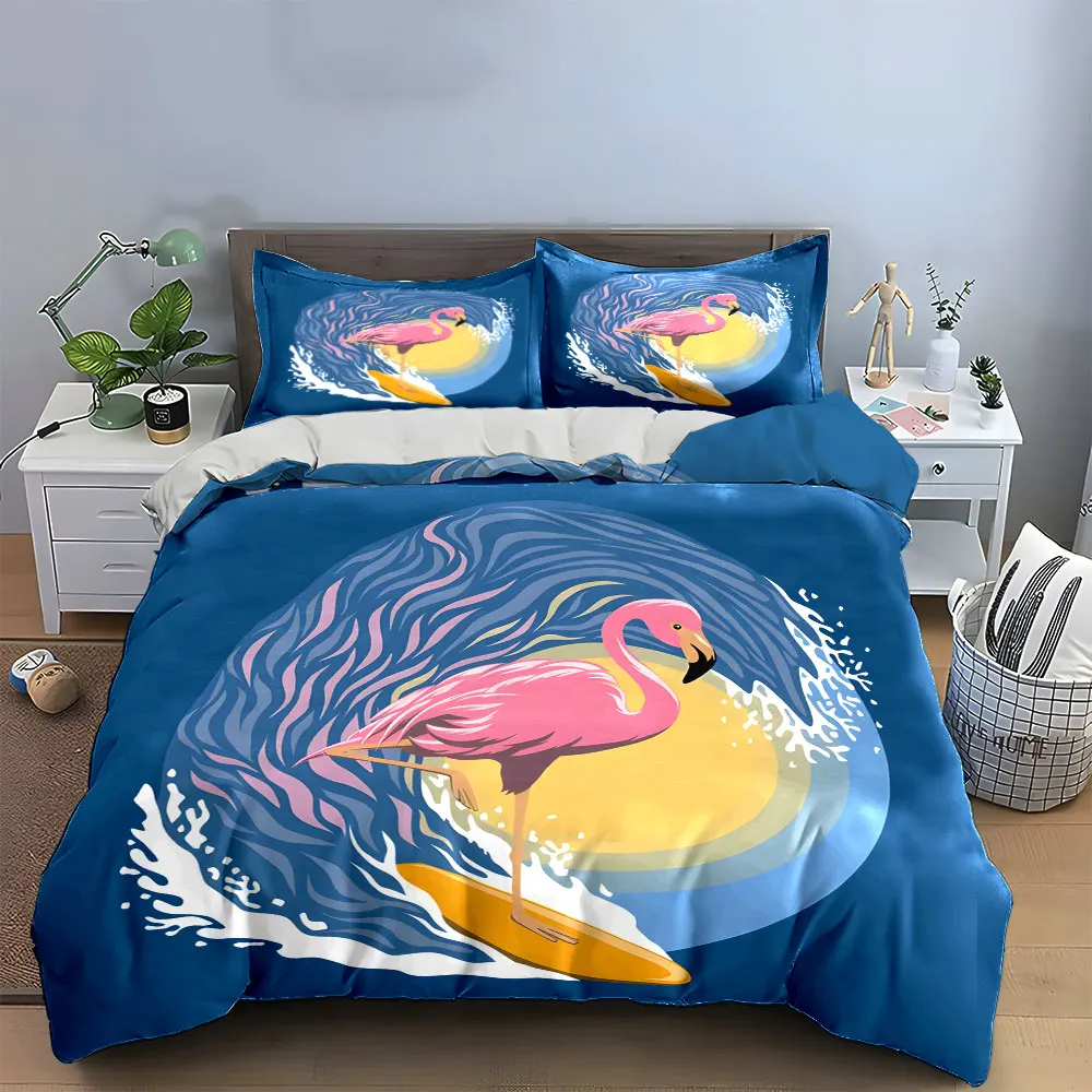 

"Flamingo Surfing Decor Set" Soft Skin-Friendly Bedding Set Includes 1 Duvet Cover And 2 Pillowcase, Gift