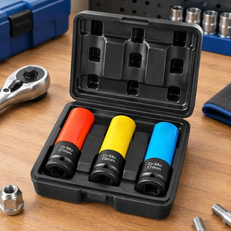 Wheel Protector Impact Socket Set, 3-Piece Wheel Lugs Nut Socket with Color-Coded Sleeves and Storage Case for Wheel D2RD