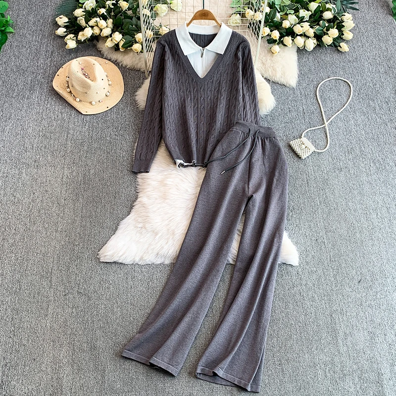 Fashion set women autumn and winter senior sense niche fake two-piece chic knitwear sweater wide leg pants two-piece set