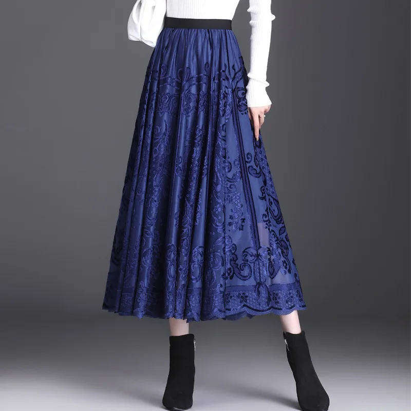 #1629 Black Red Blue Vintage A-line Pleated Skirt Women Slim Printed A-line Skirt Elastic High Waisted Skirts Spring Autumn