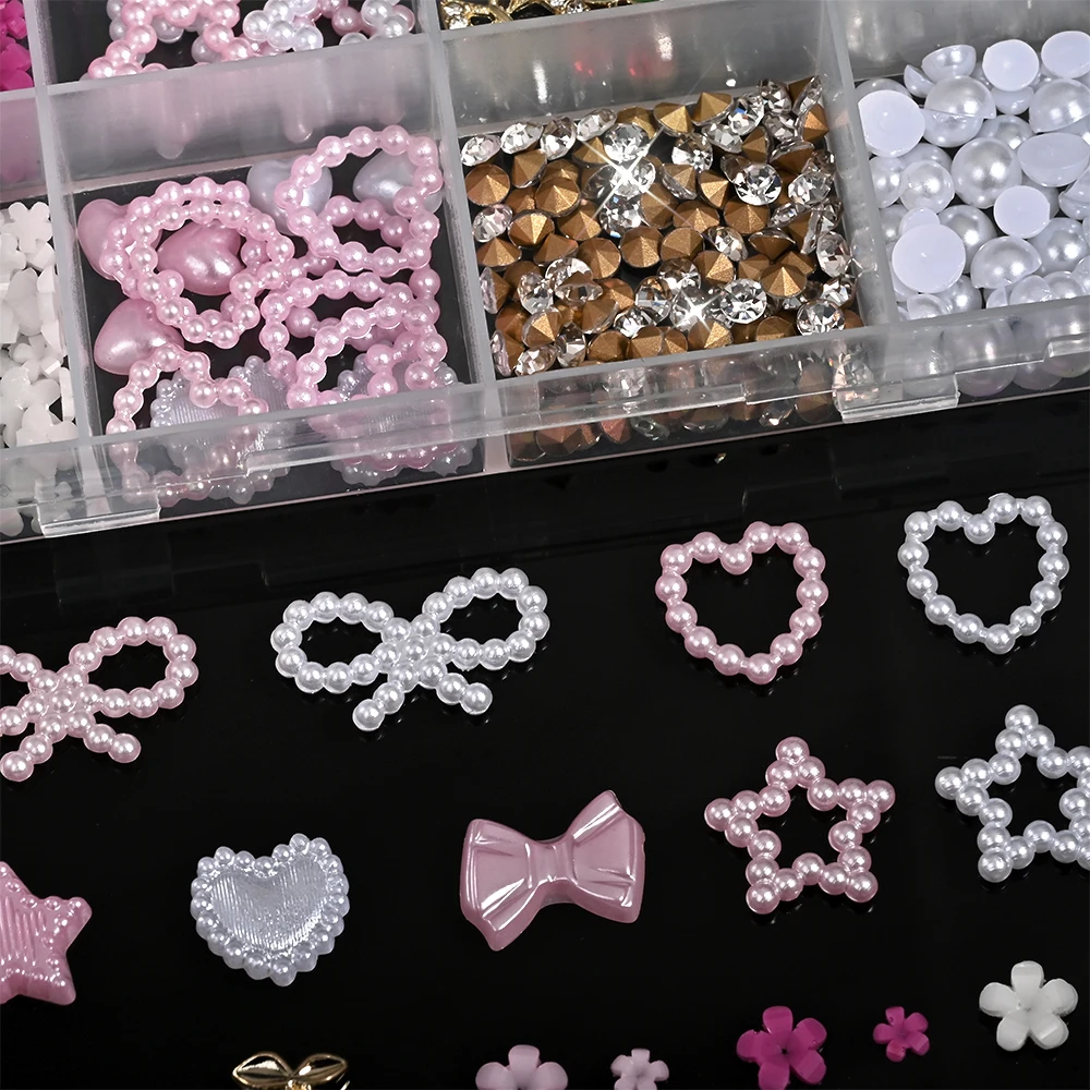 12grid Urocze Perłowe Serduszka/Gwiazdki/mini Kwiatki Ozdoby do Paznokci Czerwone Wiśnie i Motyle Okrągłe Koraliki Cyrkonie do Paznokci Elementy do Paznokci 6@