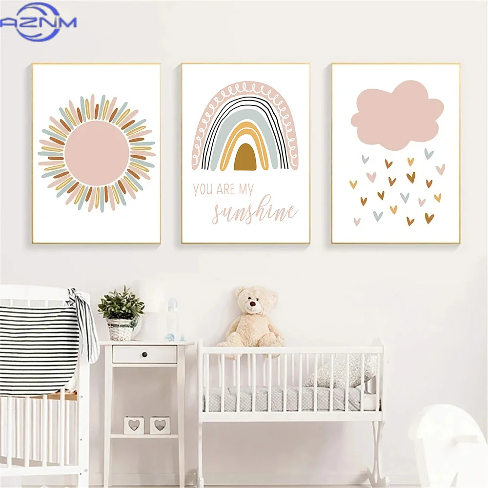 3pcs Nordic Sun Cloud Posters - Nursery Art Print for Baby Kids Room Decor - Rainbow Canvas Painting with Frameless Design
