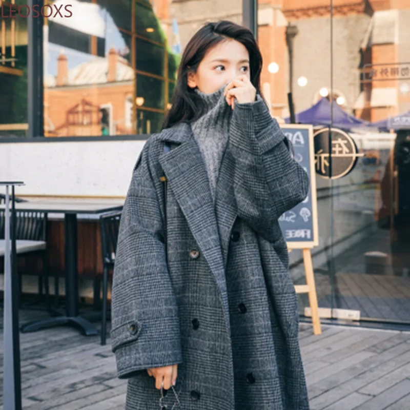Vintage Plaid Striped Mid-Length Woolen Coat Women Winter Thicken Korean Loose Double Breasted Streetwear Wool Blend Overcoats