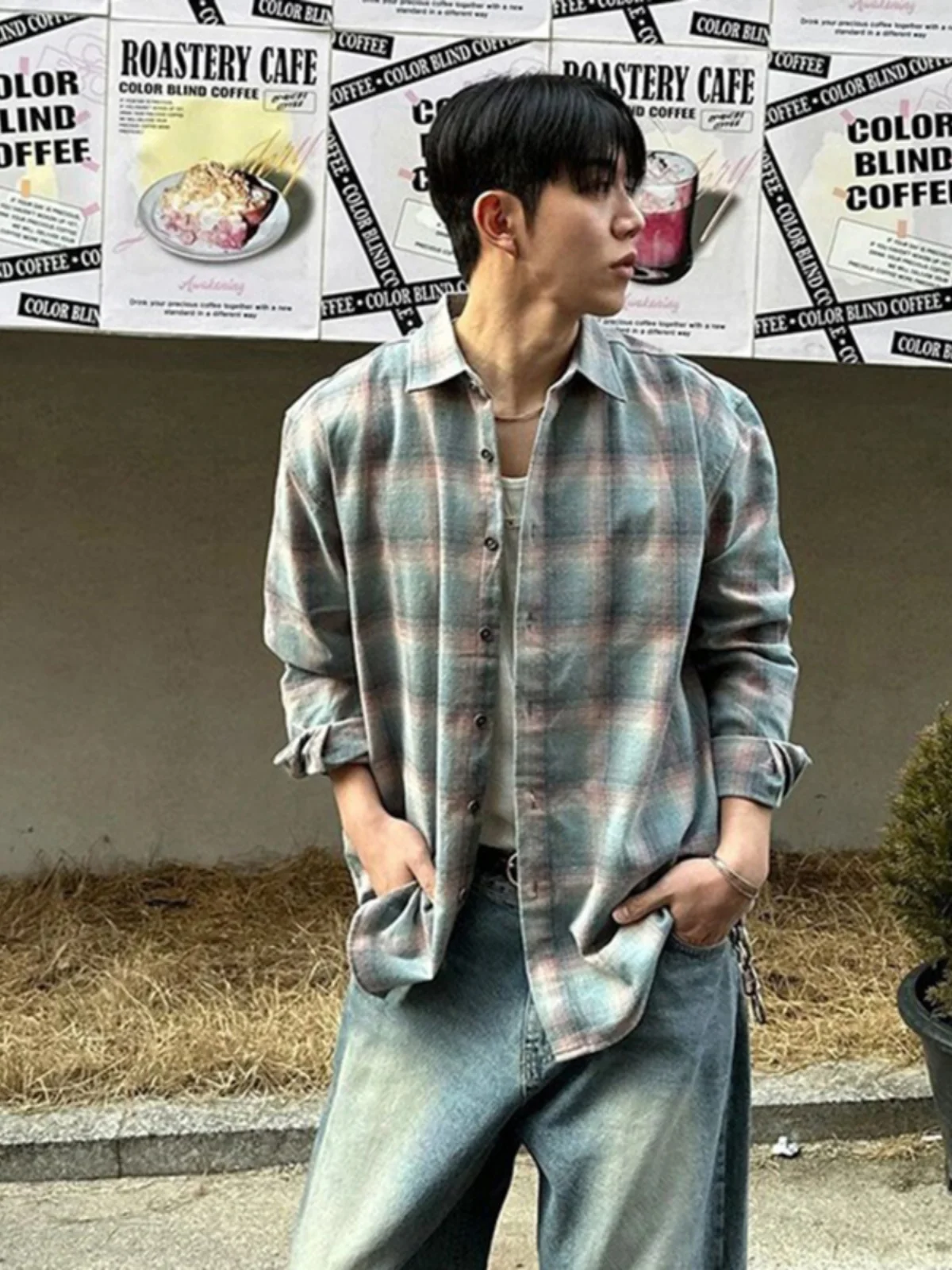 

Preppy Style Men's Long Sleeve Plaid Shirt Jacket Pink Color Trendy American Brand Loose Fit Spring Season Polyester Cotton B...