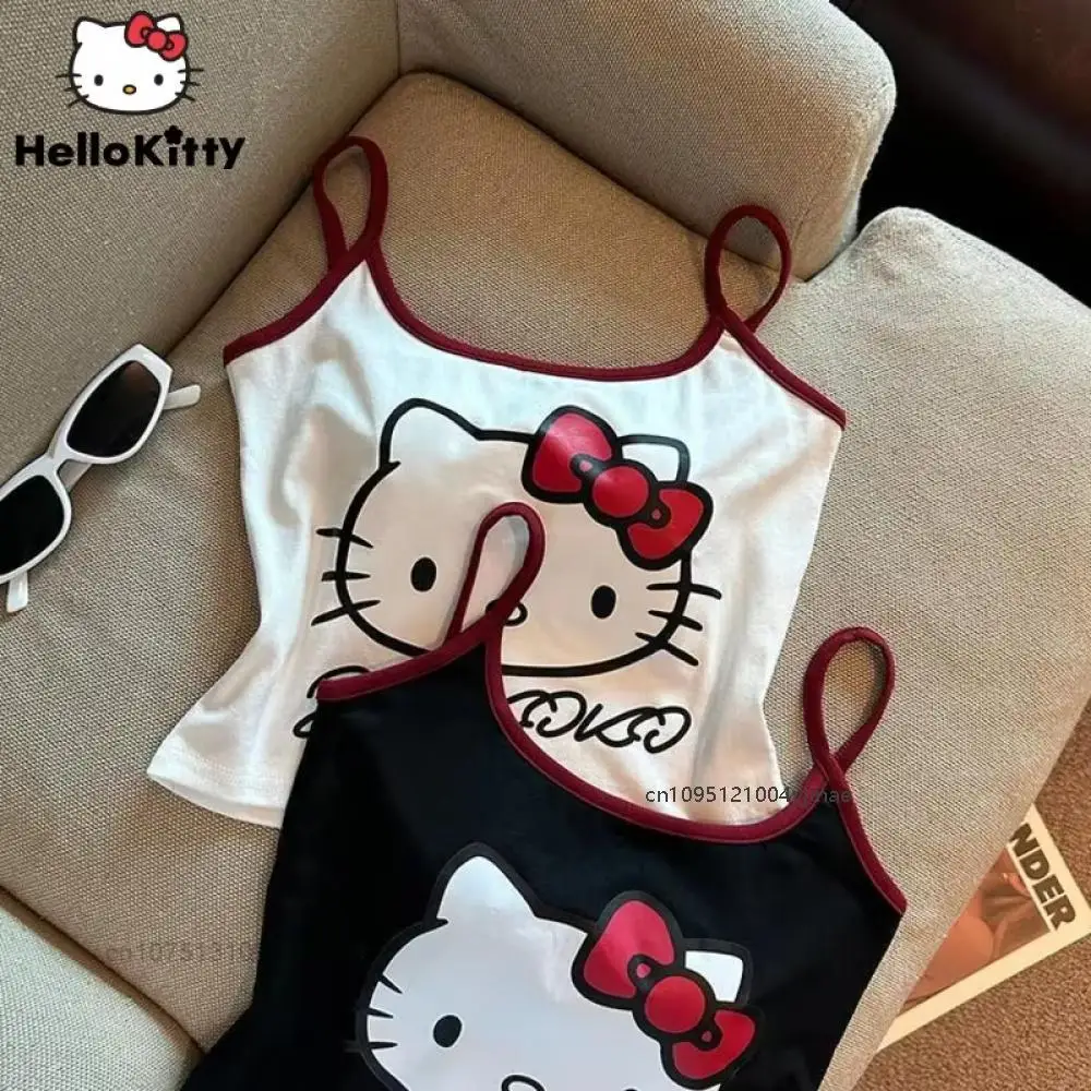 

Модные топы на бретельках с милым принтом «Hello Kitty» для женщин, летняя верхняя одежда Sanrio, топы без рукавов, одежда