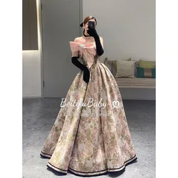 BeitifuBaby 2024 Formal Dresses for Women Jacquard Satin Elegant Strapless Bow Decoration Banquet Ball Gown Bride Evening Dress