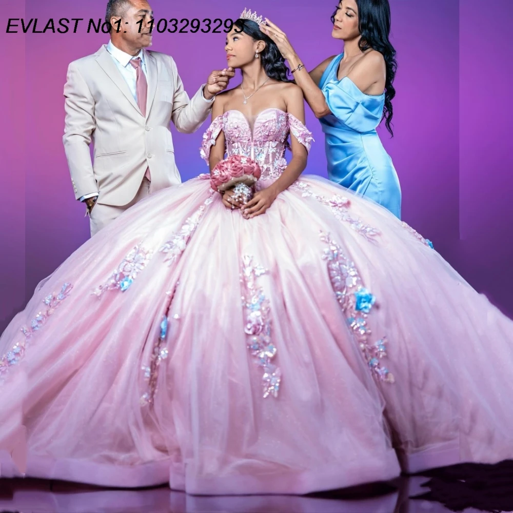 

EVLAST Customized Princess Pink Quinceanera Dress Ball Gown Floral Applique Beaded Bow Sweet 16 Vestidos De 15 Anos E1QN692