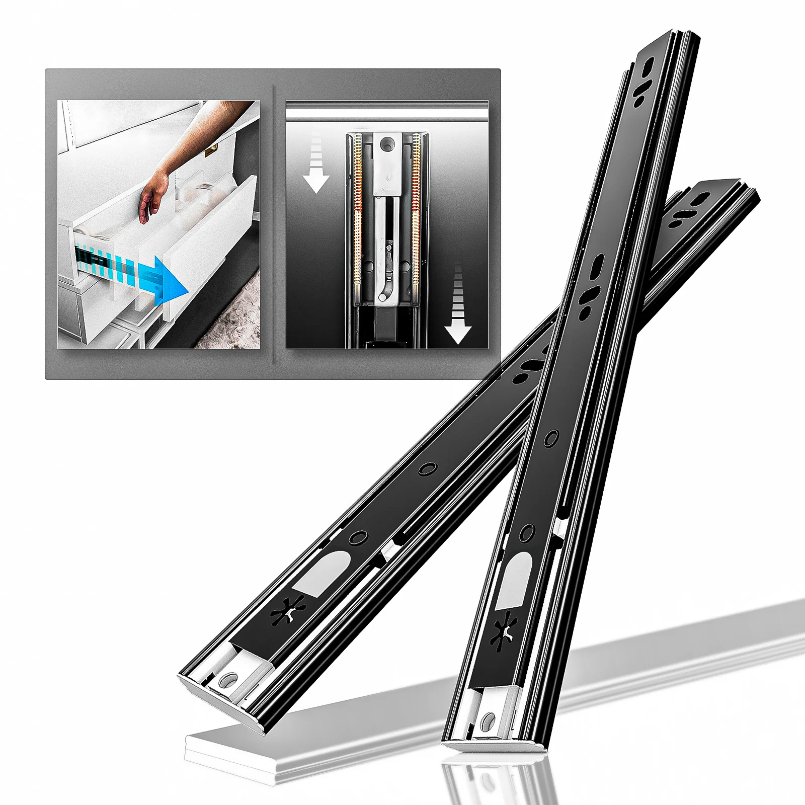 1 Pair Push to Open Drawer Slides 45kg Load Capacity Side Mount Full Extension Handleless Ball Bearing Cabinet Metal Runner