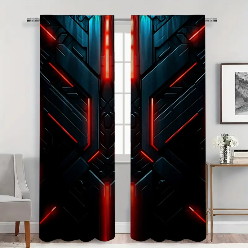 2pcs Tech Geometric Curtains with Rod Pocket, Black with Red Circuit & Blue Block Pattern Sheer , Modern Sci-Fi Room Decor