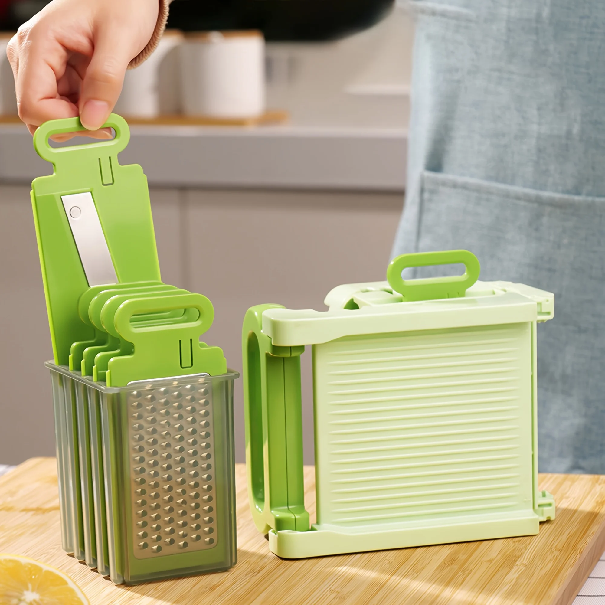 

Multifunctional Stainless Steel Vegetable Slicer with 6 Interchangeable Blades - Onion Dicer, Food Grater with Container Handle