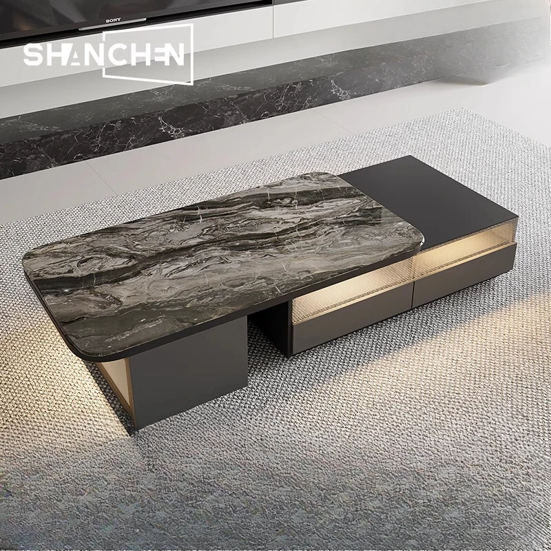 

Minimalist rock slab telescopic coffee table light luxury high-end living room household small apartment solid wood coffee table