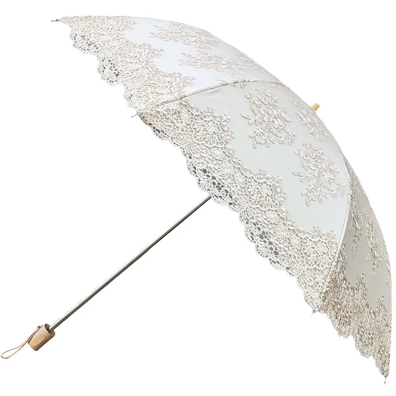 Beige Lace Embroidery Umbrella for Women, Retro, Classic, Black Coating, Dual Folding, UV Protection, Sun Umbrella