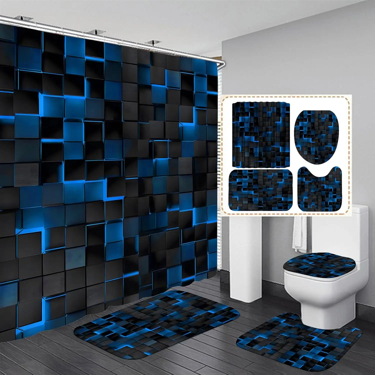 

4Pcs Blue Shower Curtain Set with 3D Cubes, Modern Bathroom Decor Includes Rugs and 12 Hooks