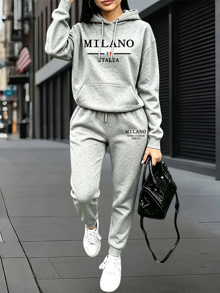 Womens Outfits Printing Casual Hooded Sweatshirts Outdoors Sports Jogging Woman Clothing Autumn Winter Fashion Street Sweatpants