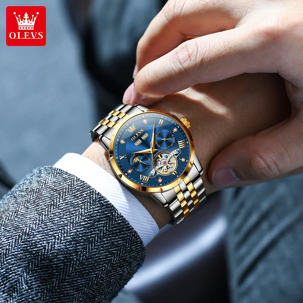 OLEVS 6691 ساعة رجالية فاخرة دولاب الموازنة ساعة ميكانيكية أوتوماتيكية مجوفة تقويم دائم مرحلة القمر مقاوم للماء ساعة رياضية للرجال