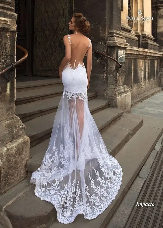 Vestido de novia de sirena con espalda descubierta, cola desmontable, Apliques de encaje, cuello transparente, Sexy, bohemio, playa, verano, 3 en 1