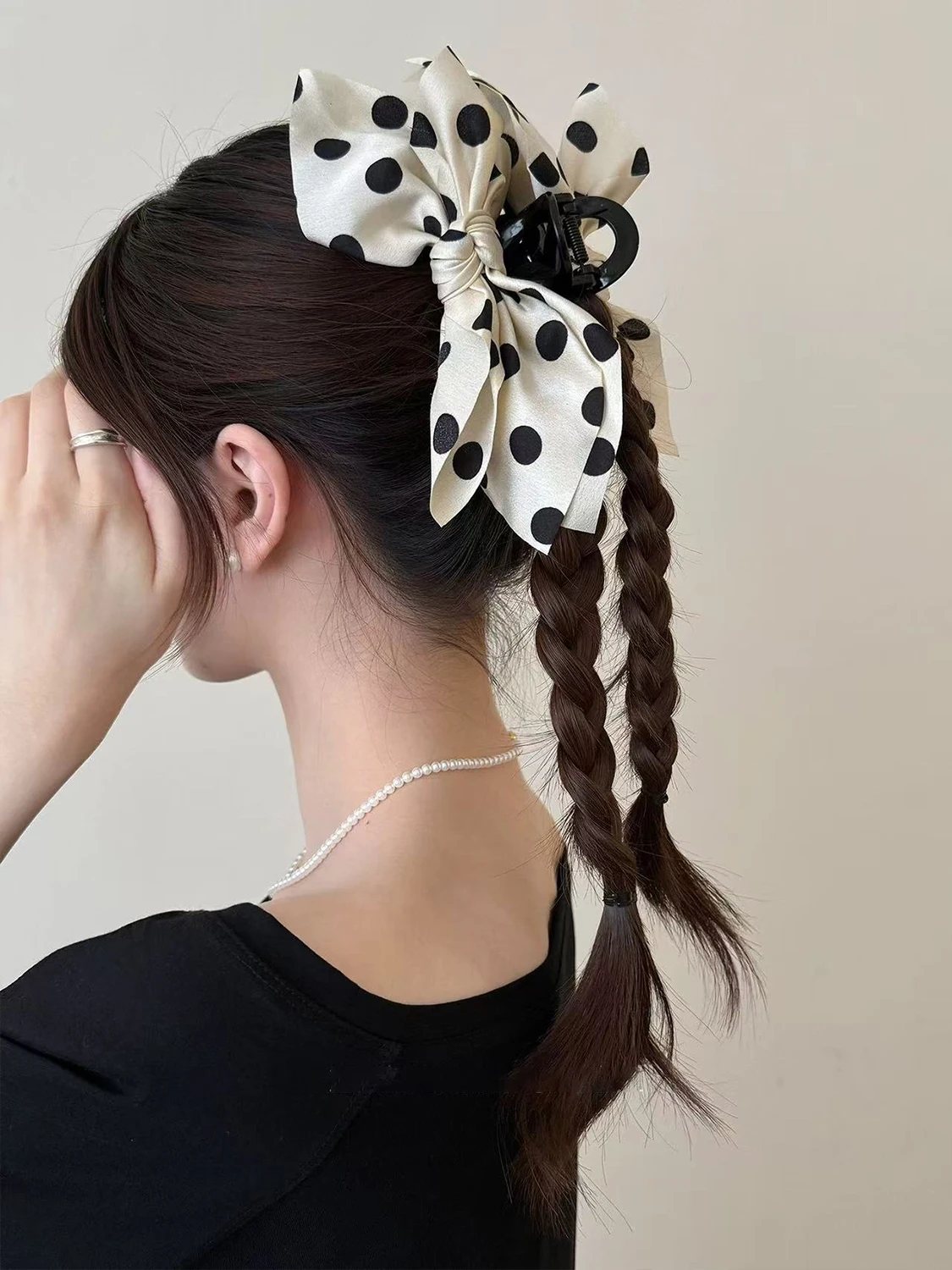 1pc French polka dot satin big bow hair claw,chic hair clip for the back of the head,shark clip headwear suitable for thick hair