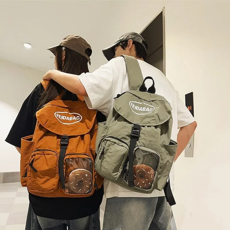 Retro Workwear-Style Unisex Nylon Backpack Campus Students Schoolbags Outdoor Waterproof Light Hiking Camping Travel Rucksack