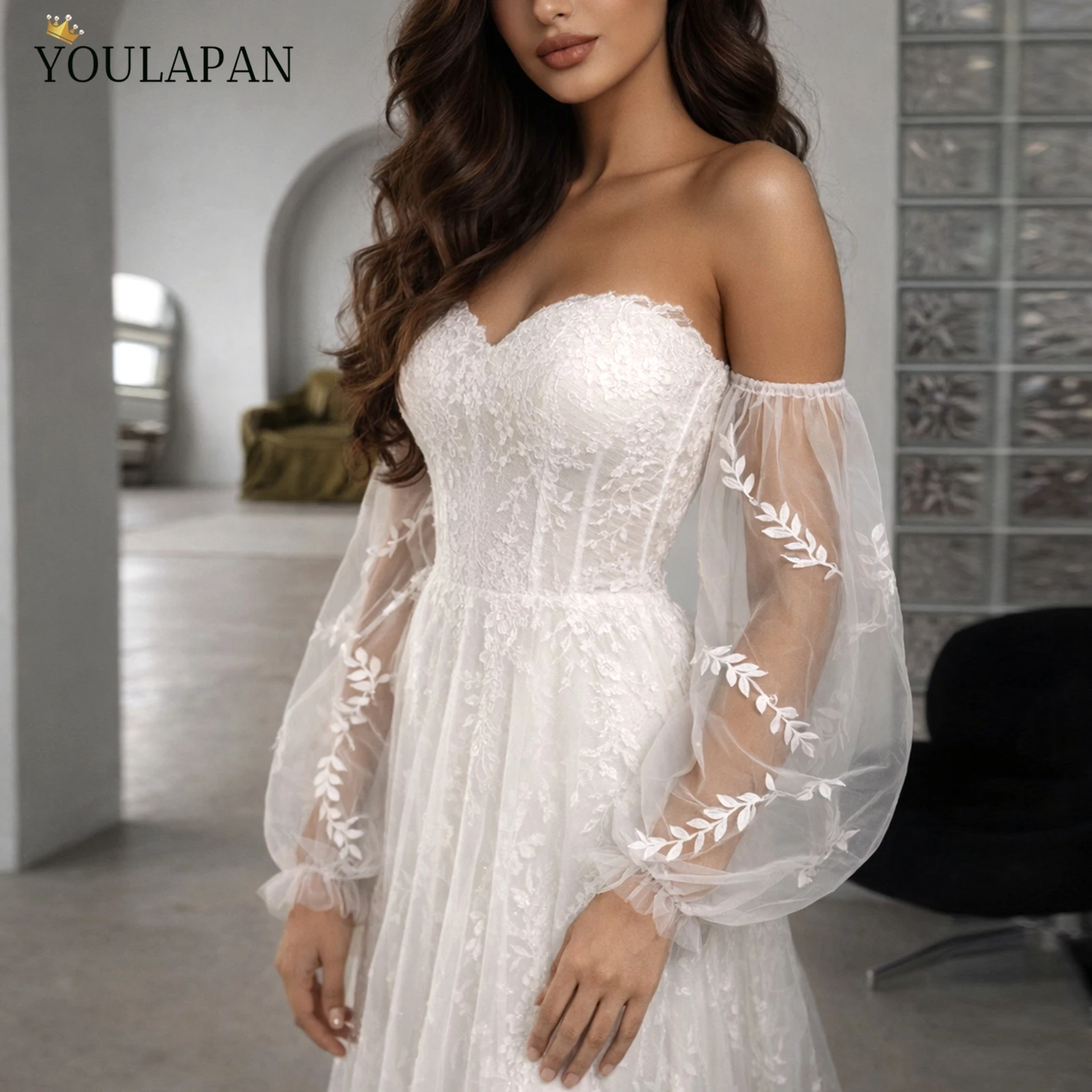 TOPQUEEN Gants Dentelle Femme Mangas Para Vestidos Desmontables Mesh Removable Sleeves Leaf Lace Wedding Dress Matching Vm69