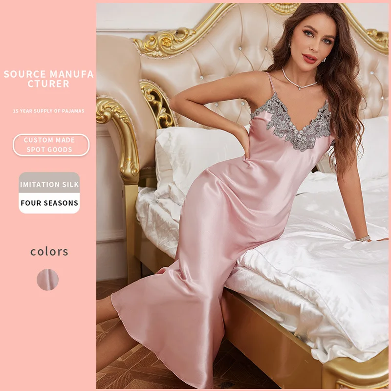Lace Applique Nightgown Satin Lady Sleep Dress Summer Women Long Sleepdress Nightdress Backless Sleepwear Nighty Gown