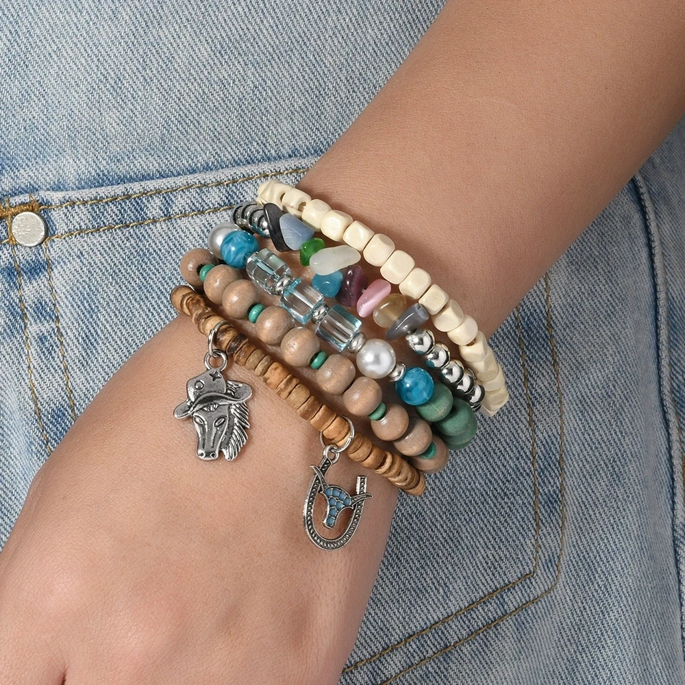 Multi - Layer Colorful Beads Bracelet Set for women with Horse Head & Hoof Charms - Boho Style